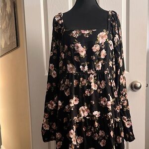 Time and Tru Black Long Sleeve Tiered Dress with Pink Floral